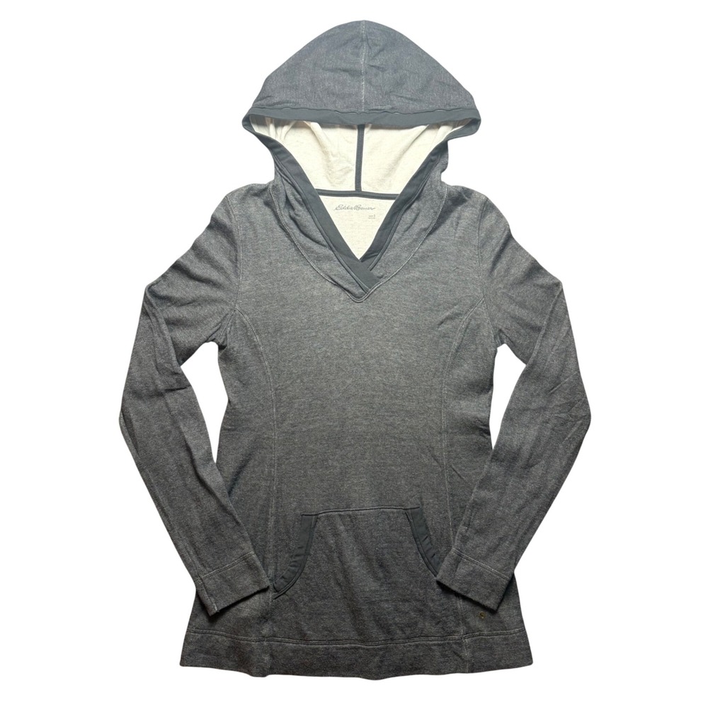 Eddie Bauer Hoodie Women Size S Gray 100% Cotton V-Neck Pullover Kangaroo Pocket